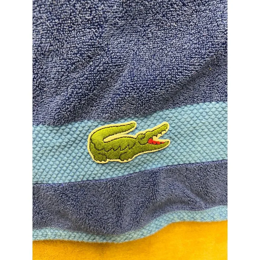 Lacoste Bath Towel Blue Striped Cotton Embriodered Crocodile Logo Towels
